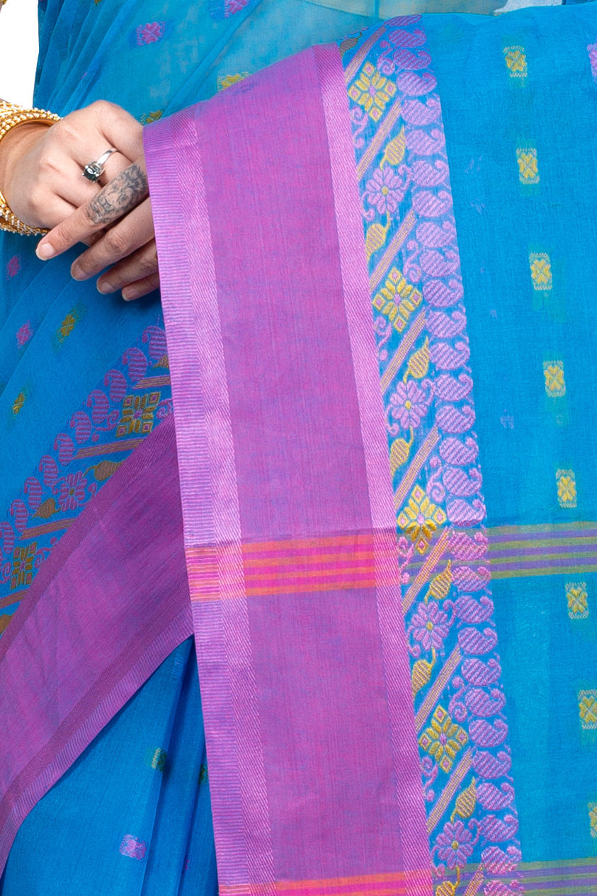 Sky Blue Pure Cotton ToraPar Tant Saree (881)